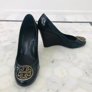 Tory Burch Black Wedge Heel Patent Leather